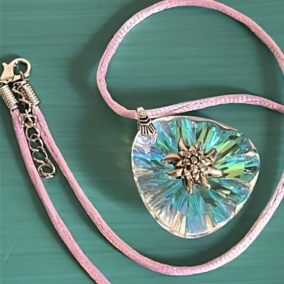 Vintage Iridescent Mermaid Glass Flower Encrusted Pendant on Silk Cord Necklace - Picture 1 of 8